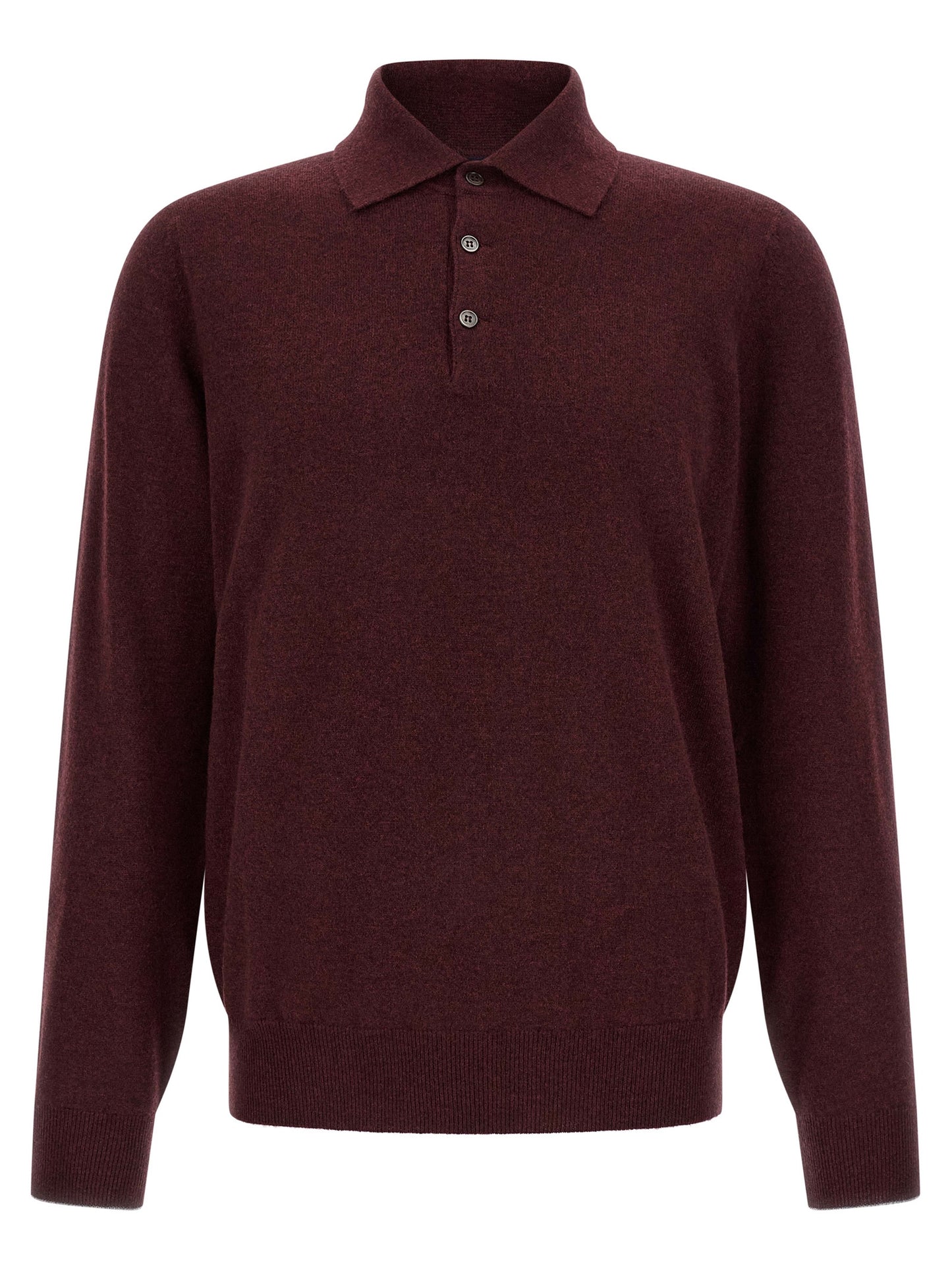 Sweater by Brunello Cucinelli for men in cashmere & horn bordeaux, burgundy & horn features an polished silhouette, showcasing refined long-sleeve and a sophisticated shirt-collar neckline for a truly polished finish.