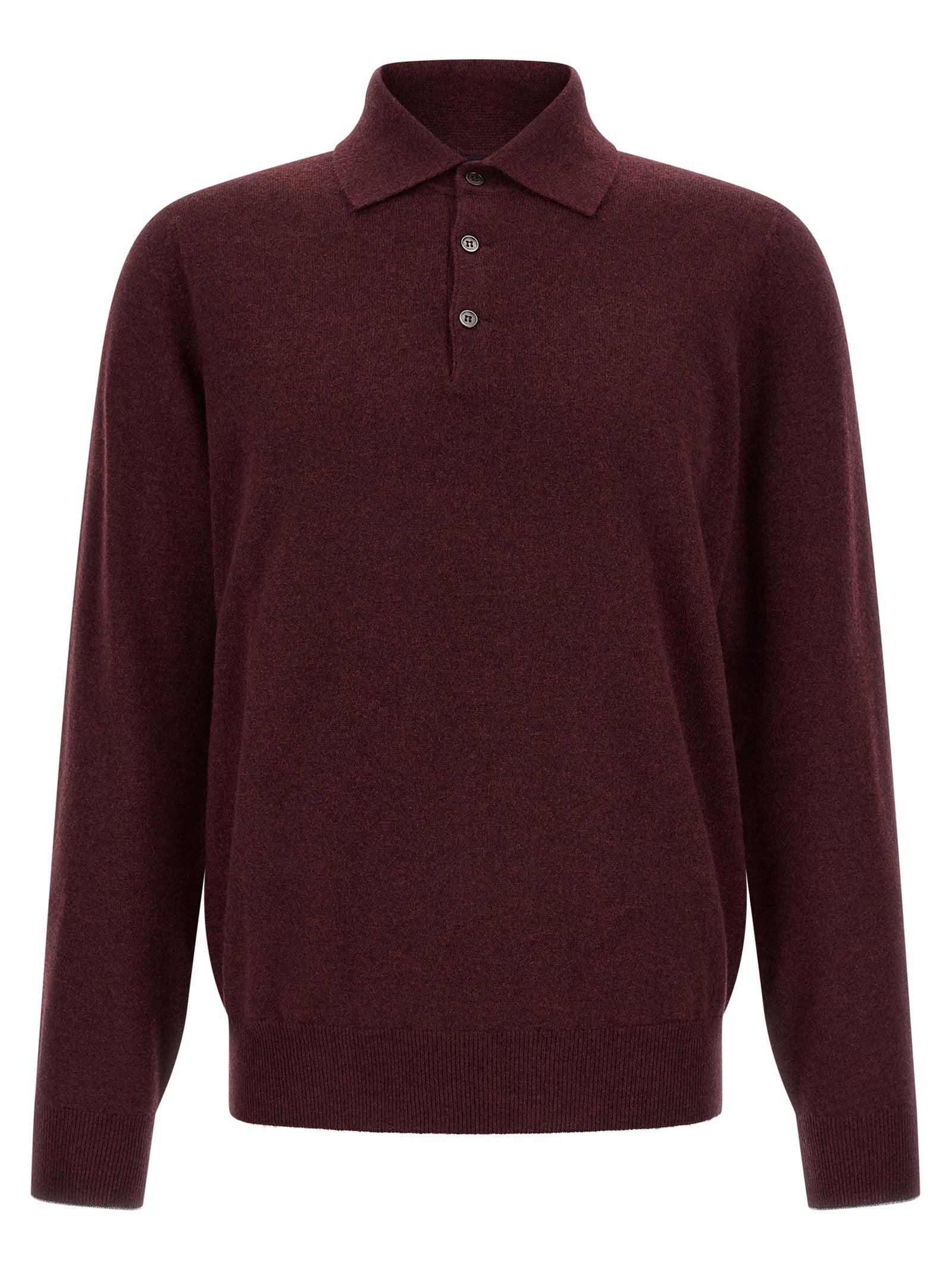 Sweater by Brunello Cucinelli for men in cashmere & horn bordeaux, burgundy & horn features an polished silhouette, showcasing refined long-sleeve and a sophisticated shirt-collar neckline for a truly polished finish.