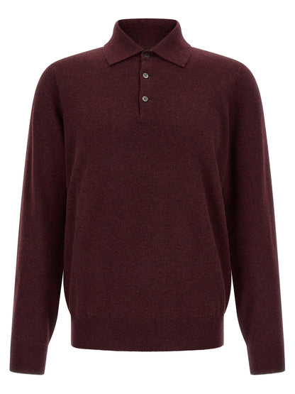 Sweater by Brunello Cucinelli for men in cashmere & horn bordeaux, burgundy & horn features an polished silhouette, showcasing refined long-sleeve and a sophisticated shirt-collar neckline for a truly polished finish.