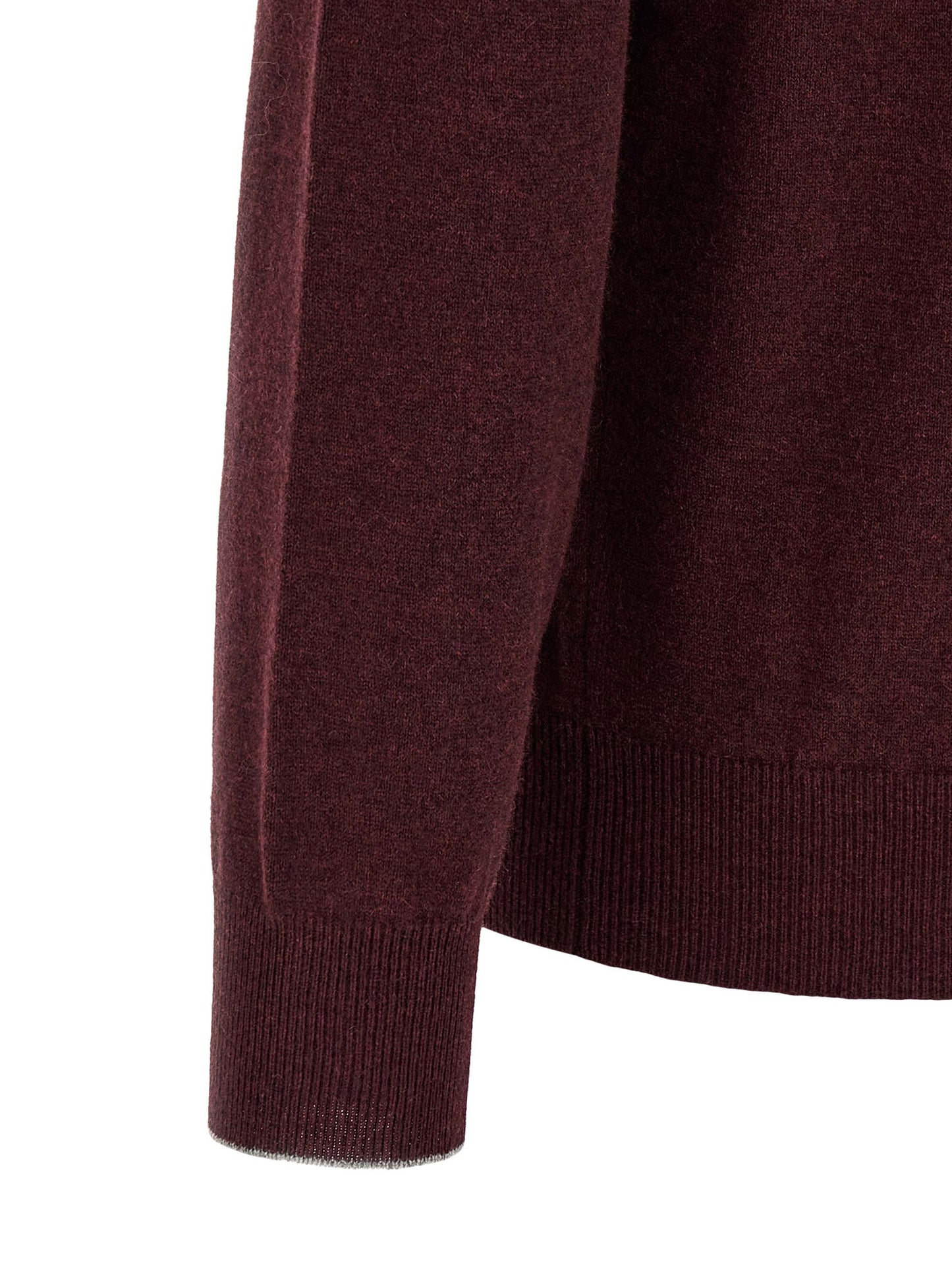 Cardigan by Brunello Cucinelli for men in cashmere bordeaux & burgundy features an impeccable silhouette, showcasing a sophisticated high-neck neckline and detail for a truly impeccable finish.