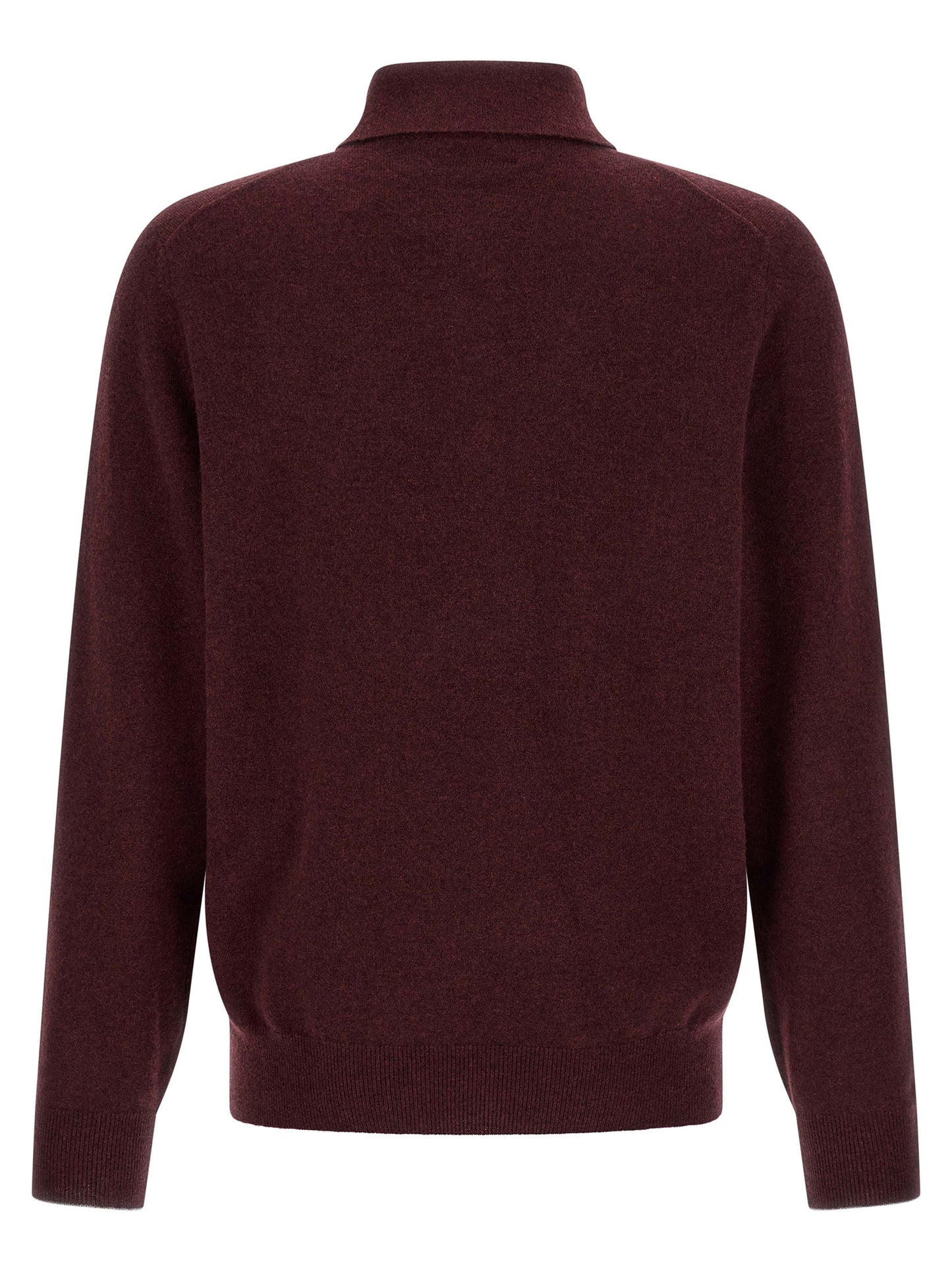 Sweater by Brunello Cucinelli for men in cashmere & horn bordeaux, burgundy & horn showcases a sumptuous silhouette, artfully finished with a sumptuous shirt-collar neckline and for a sophisticated, sumptuous look.