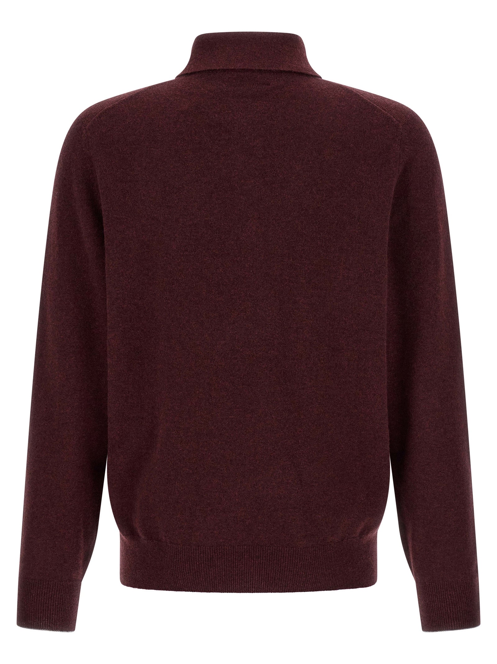 Sweater by Brunello Cucinelli for men in cashmere & horn bordeaux, burgundy & horn showcases a sumptuous silhouette, artfully finished with a sumptuous shirt-collar neckline and for a sophisticated, sumptuous look.