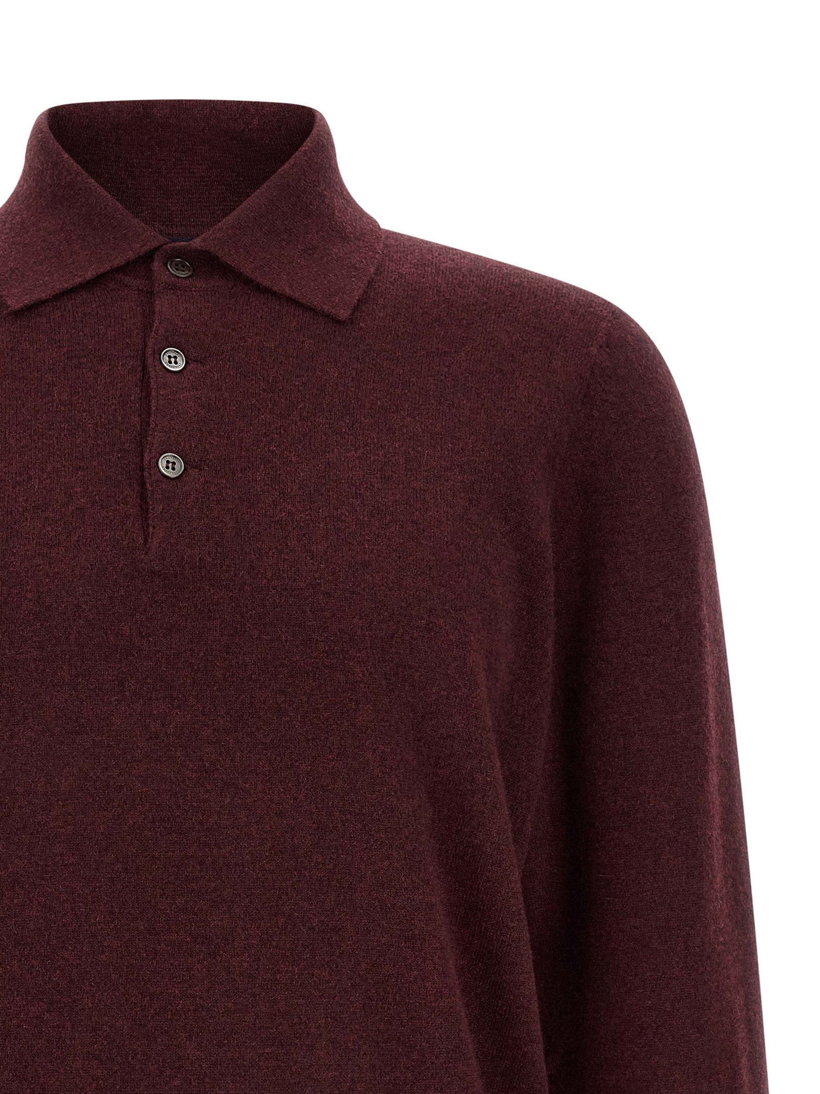 Sweater by Brunello Cucinelli for men in cashmere & horn bordeaux, burgundy & horn features an tactile silhouette, showcasing a sophisticated shirt-collar neckline and tactile for a refined finish.