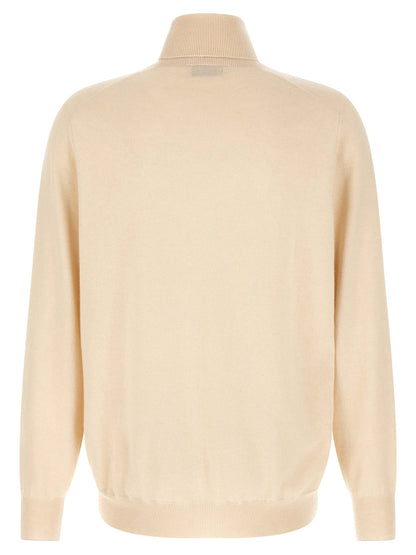 Cardigan by Brunello Cucinelli for men in cashmere white features an crisp silhouette, showcasing a sophisticated turtle high-neck neckline and detail for a truly crisp finish.