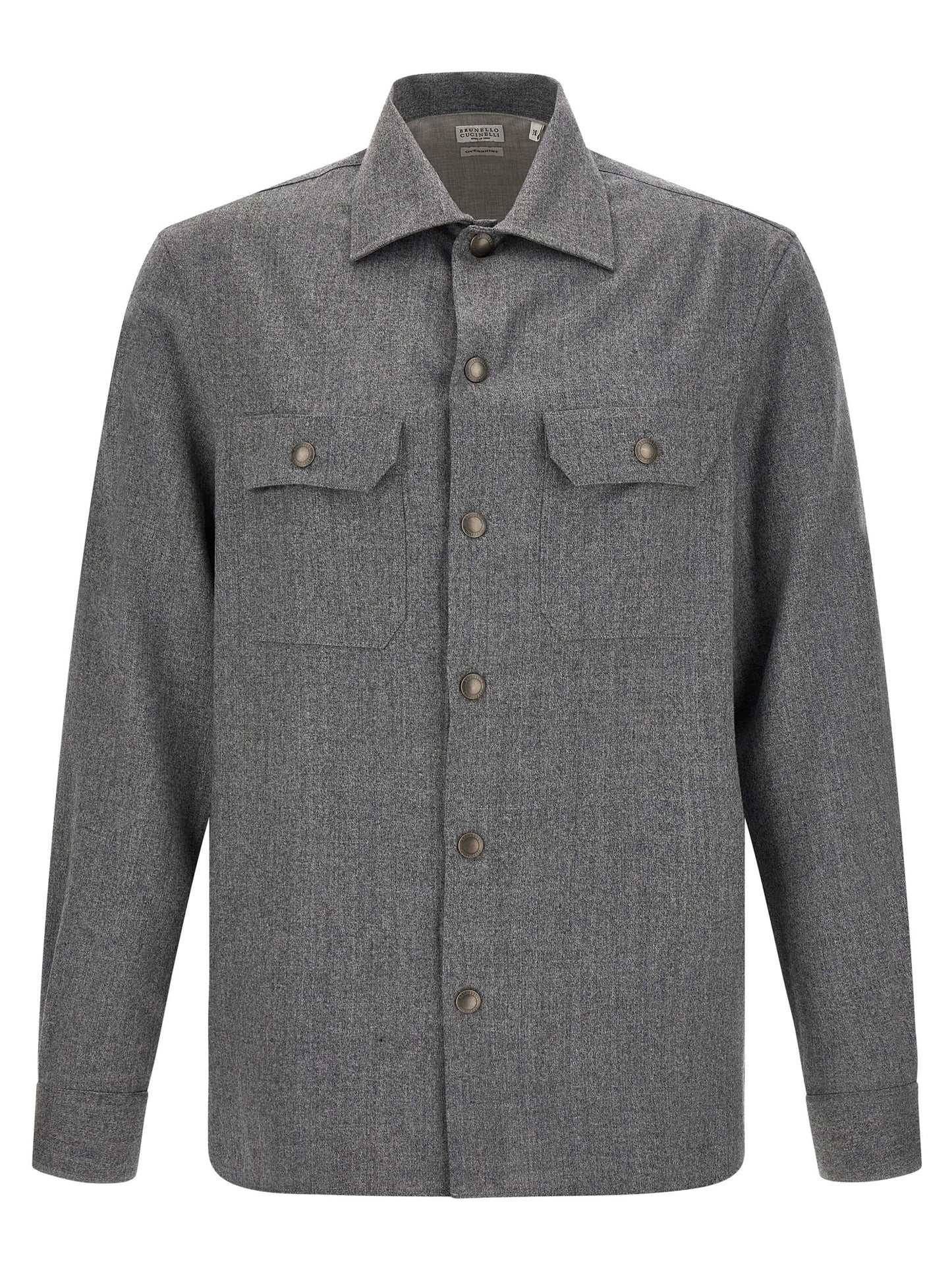 Overshirt by Brunello Cucinelli for men in virgin wool gray showcases a sharp silhouette, elegantly detailed with a sharp and sharp long-sleeve.