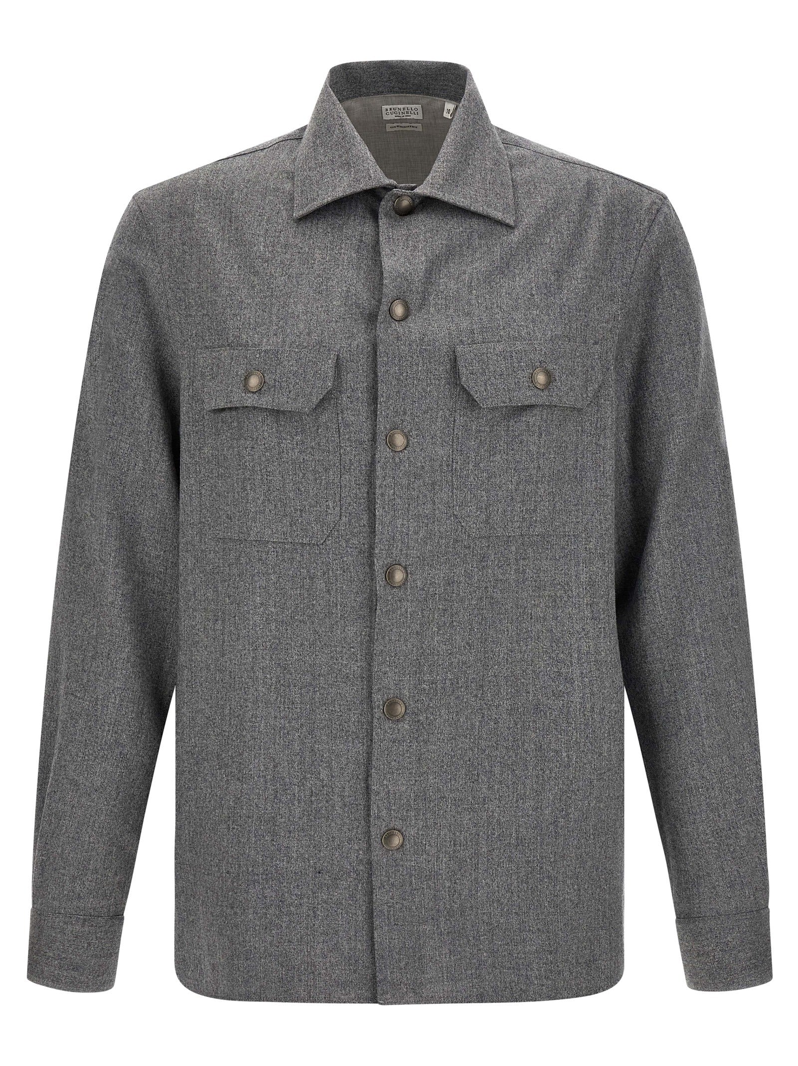 Overshirt by Brunello Cucinelli for men in virgin wool gray showcases a sharp silhouette, elegantly detailed with a sharp and sharp long-sleeve.