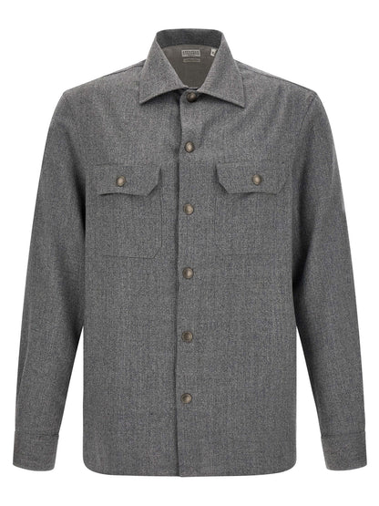 Overshirt by Brunello Cucinelli for men in virgin wool gray showcases a sharp silhouette, elegantly detailed with a sharp and sharp long-sleeve.