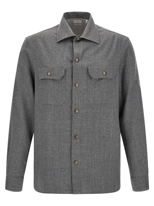 Overshirt by Brunello Cucinelli for men in virgin wool gray showcases a sharp silhouette, elegantly detailed with a sharp and sharp long-sleeve.