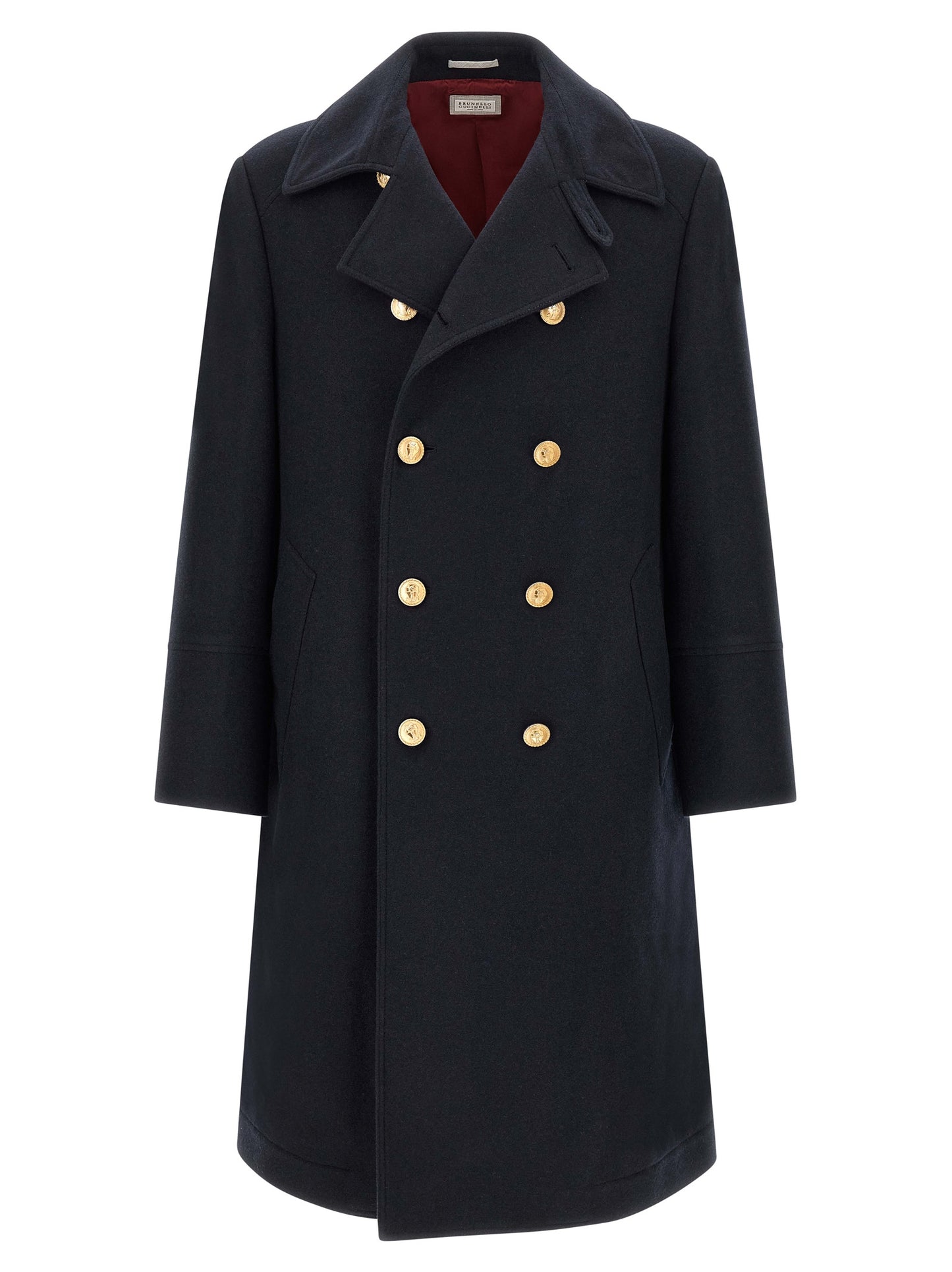Overcoat by Brunello Cucinelli for men in cashmere gold & navy features a cosy chic silhouette, artfully detailed with a sophisticated and premium pockets for a cosy chic finish.