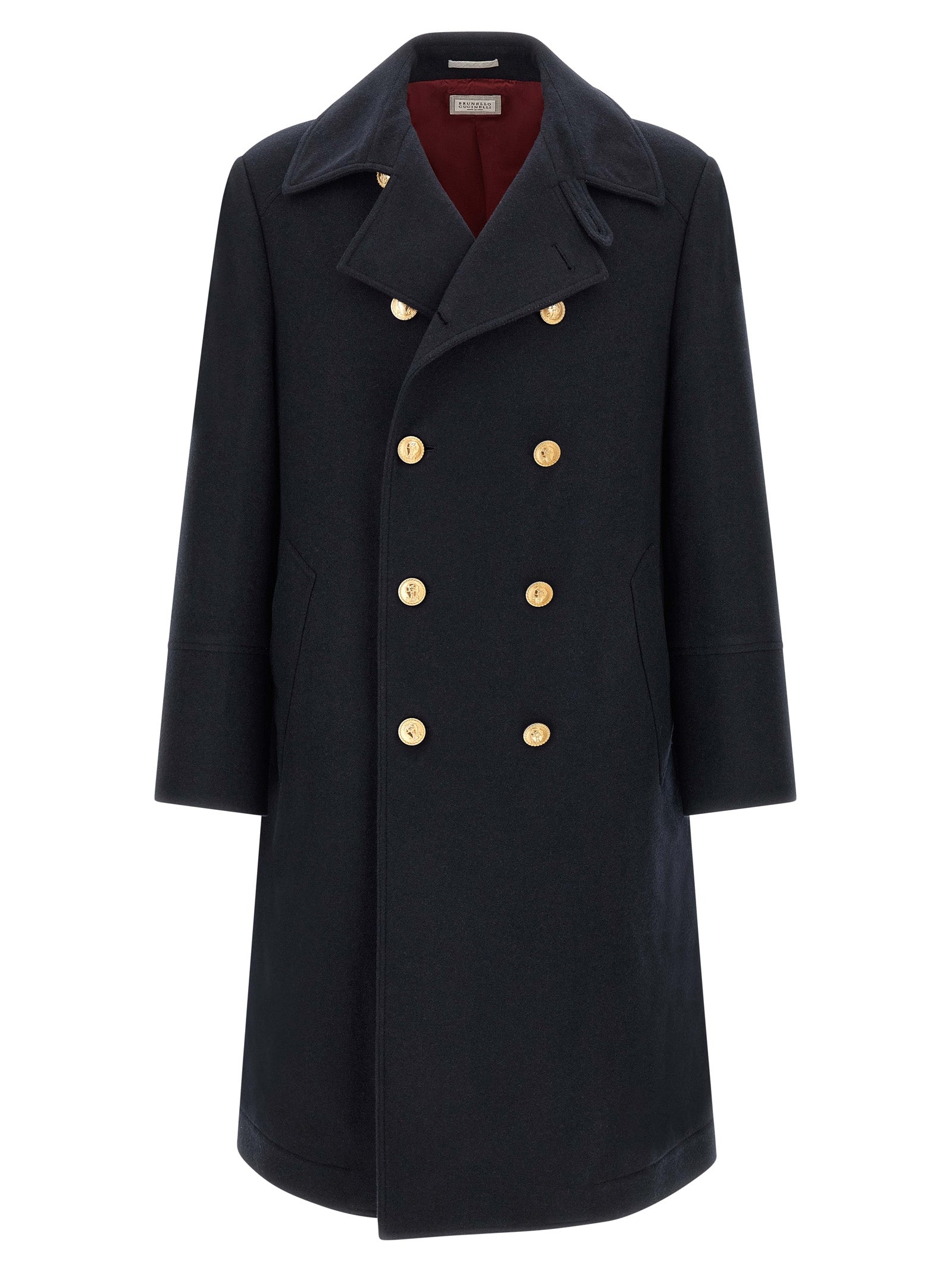 Overcoat by Brunello Cucinelli for men in cashmere gold & navy features a cosy chic silhouette, artfully detailed with a sophisticated and premium pockets for a cosy chic finish.