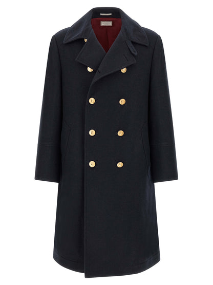 Overcoat by Brunello Cucinelli for men in cashmere gold & navy features a cosy chic silhouette, artfully detailed with a sophisticated and premium pockets for a cosy chic finish.