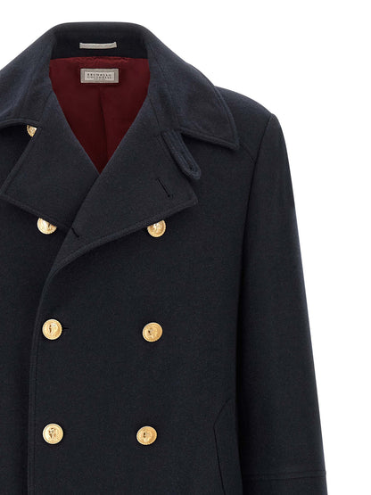 Overcoat by Brunello Cucinelli for men in cashmere gold & navy features an voluminous silhouette, showcasing distinct pockets and a voluminous for a truly voluminous aesthetic.