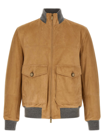 Brunello Cucinelli Men's Lightweight Suede Lamb Leather & Cupro Bomber Jacket - Beige