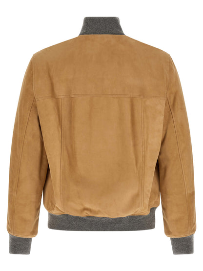 Brunello Cucinelli Men's Lightweight Suede Lamb Leather & Cupro Bomber Jacket - Beige