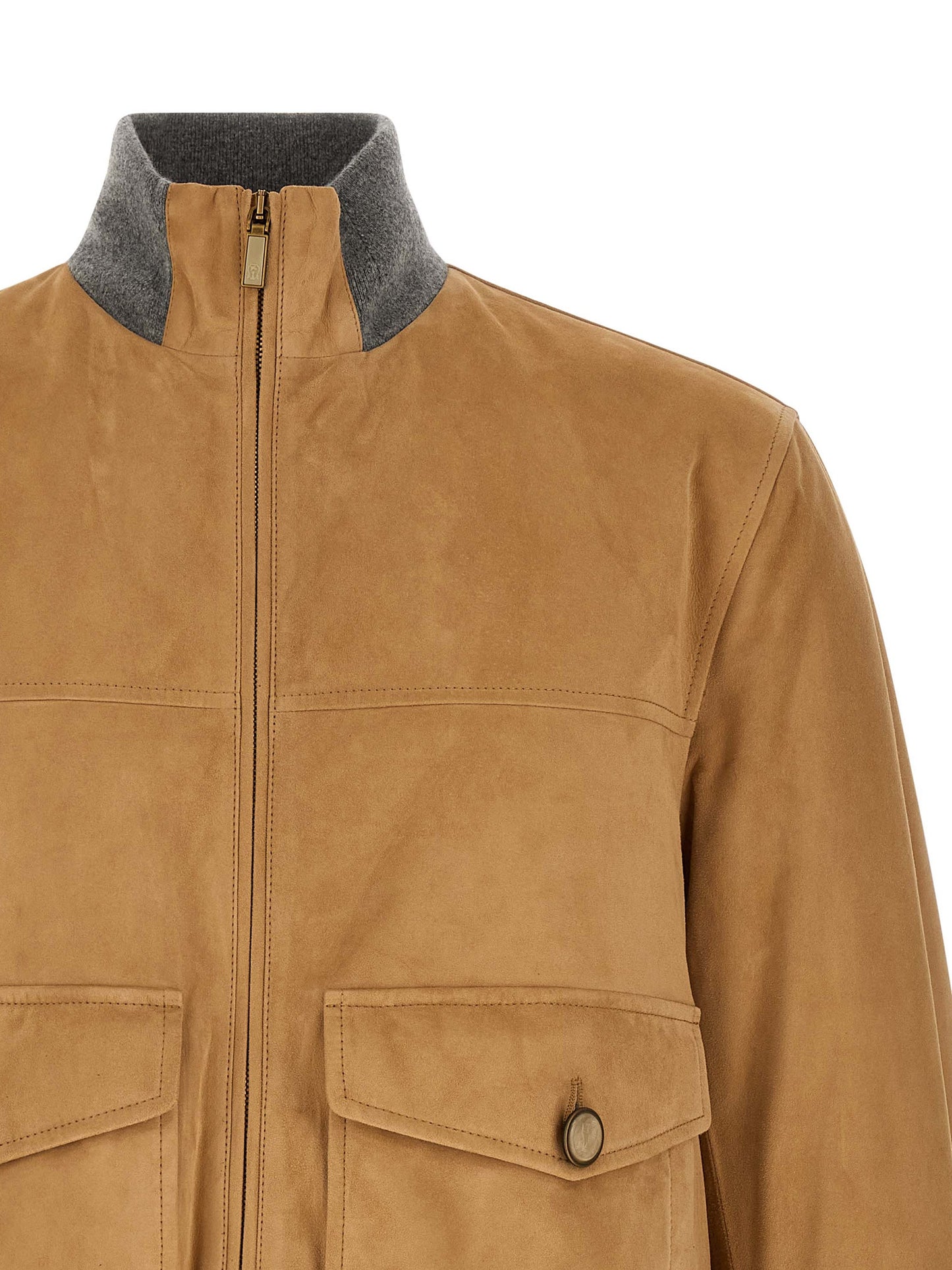 Brunello Cucinelli Men's Lightweight Suede Lamb Leather & Cupro Bomber Jacket - Beige