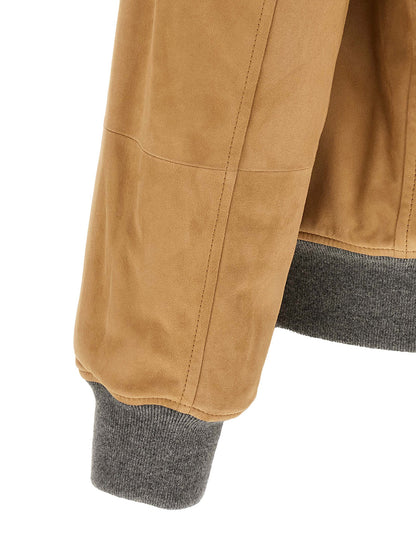 Brunello Cucinelli Men's Lightweight Suede Lamb Leather & Cupro Bomber Jacket - Beige