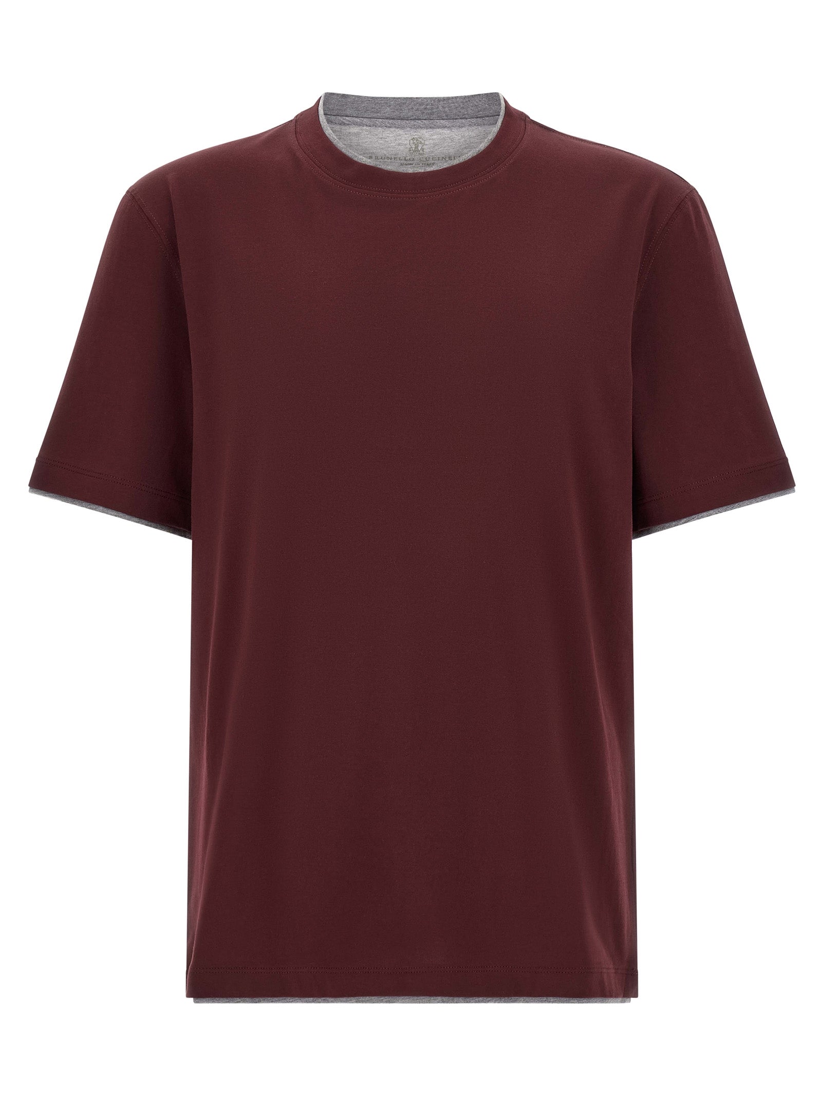 T-Shirt by Brunello Cucinelli for men in cotton bordeaux, burgundy & gray showcases a unassuming silhouette, artfully detailed with a refined crew neckline and unassuming short-sleeve for a sophisticated, contemporary look.