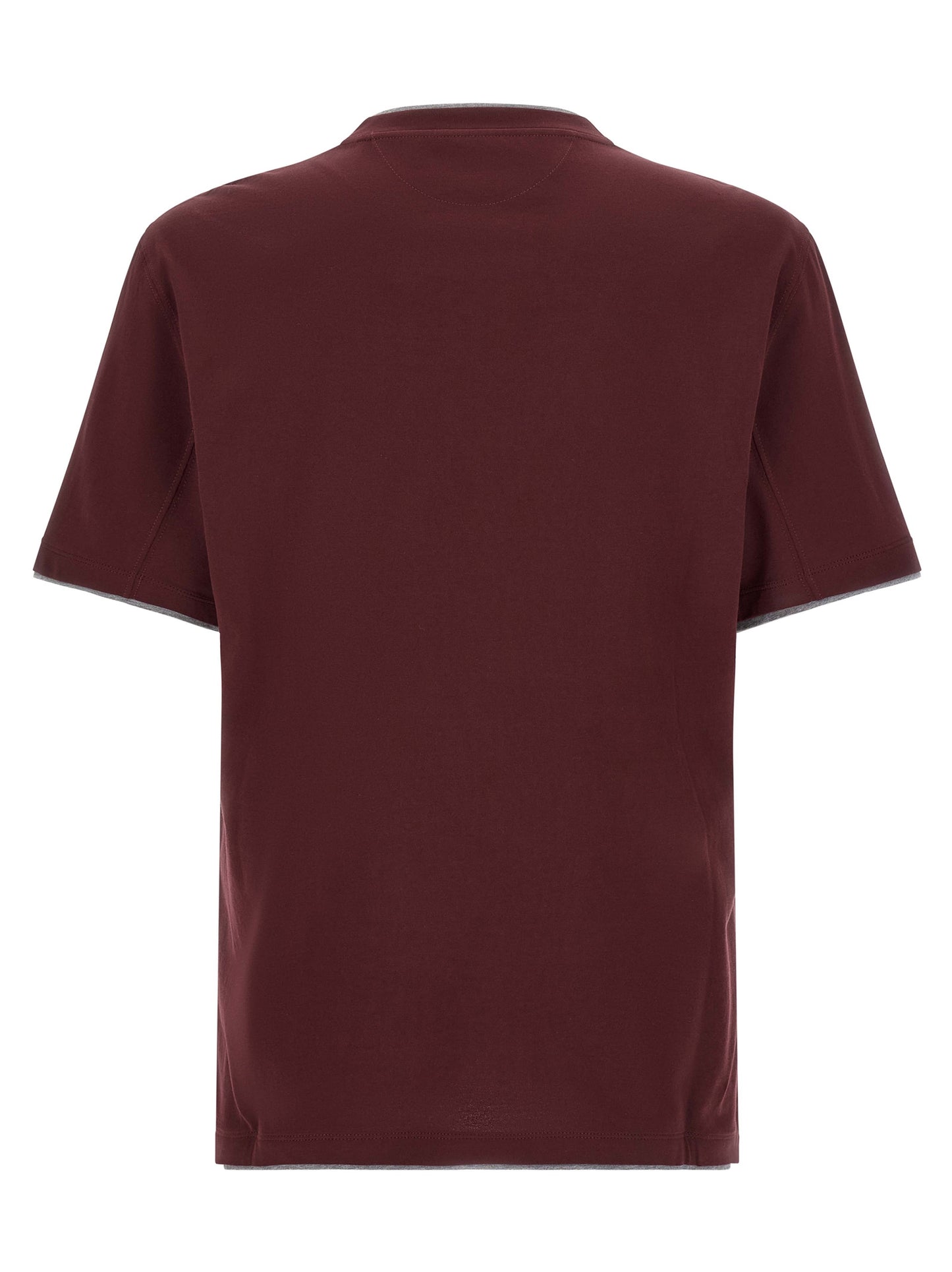 T-Shirt by Brunello Cucinelli for men in cotton bordeaux, burgundy & gray showcases a fashionable silhouette, elegantly detailed with a fashionable and crew neckline for a sophisticated, high-fashion look.