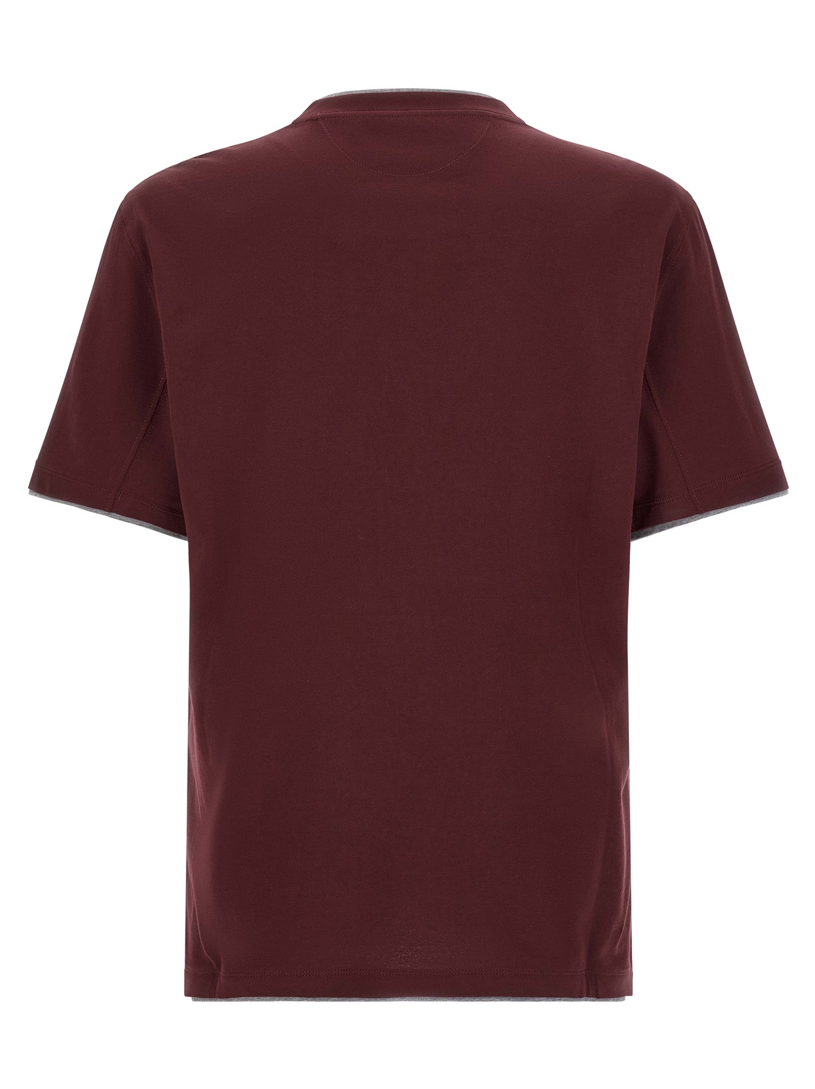 T-Shirt by Brunello Cucinelli for men in cotton bordeaux, burgundy & gray showcases a fashionable silhouette, elegantly detailed with a fashionable and crew neckline for a sophisticated, high-fashion look.