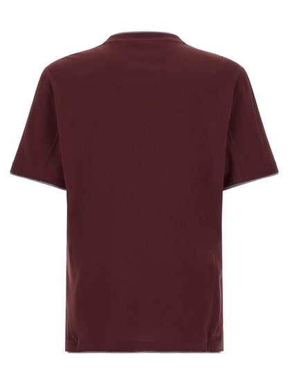 T-Shirt by Brunello Cucinelli for men in cotton bordeaux, burgundy & gray showcases a fashionable silhouette, elegantly detailed with a fashionable and crew neckline for a sophisticated, high-fashion look.