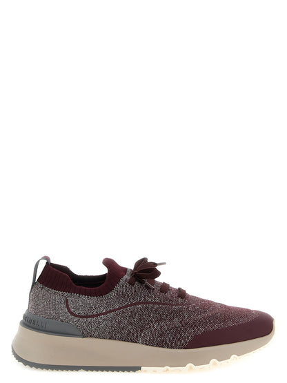 Athletic Sneakers by Brunello Cucinelli for men in tu & cotton bordeaux & burgundy showcases a architectural silhouette, artfully capturing the essence of the Men's Slip On TU & Cotton Athletic Sneakers with its signature architectural slip-on style construction.