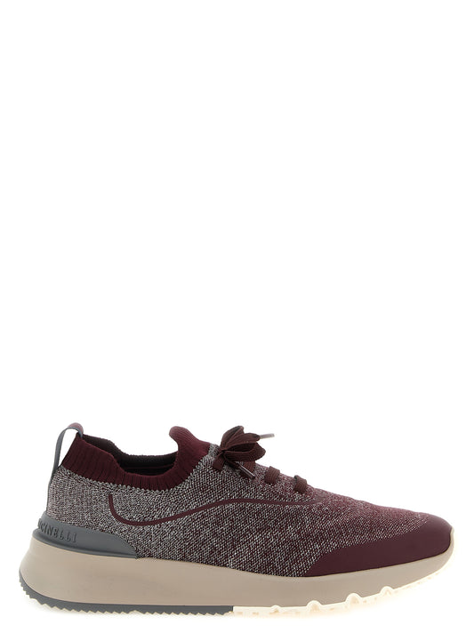 Athletic Sneakers by Brunello Cucinelli for men in tu & cotton bordeaux & burgundy showcases a architectural silhouette, artfully capturing the essence of the Men's Slip On TU & Cotton Athletic Sneakers with its signature architectural slip-on style construction.