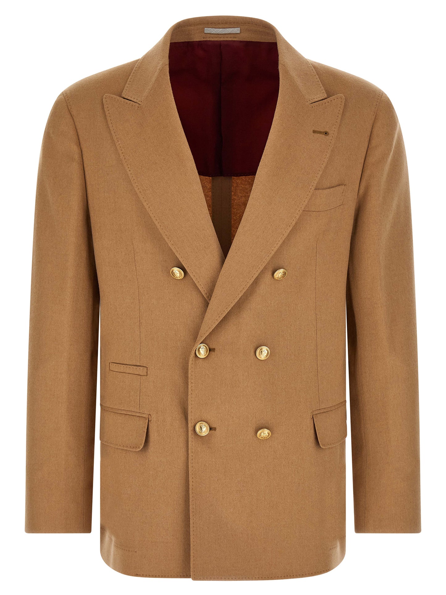 Blazer by Brunello Cucinelli for men in metal beige, camel & gold showcases a discerning silhouette, elegantly detailed with a sophisticated split neckline and premium for a truly discerning finish.