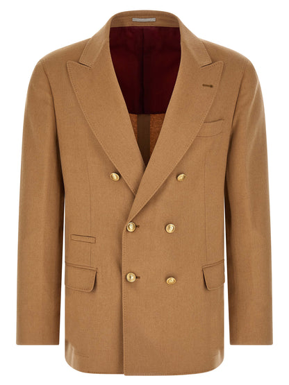 Blazer by Brunello Cucinelli for men in metal beige, camel & gold showcases a discerning silhouette, elegantly detailed with a sophisticated split neckline and premium for a truly discerning finish.