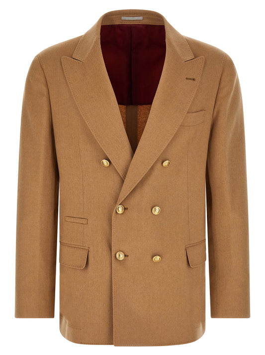 Blazer by Brunello Cucinelli for men in metal beige, camel & gold showcases a discerning silhouette, elegantly detailed with a sophisticated split neckline and premium for a truly discerning finish.