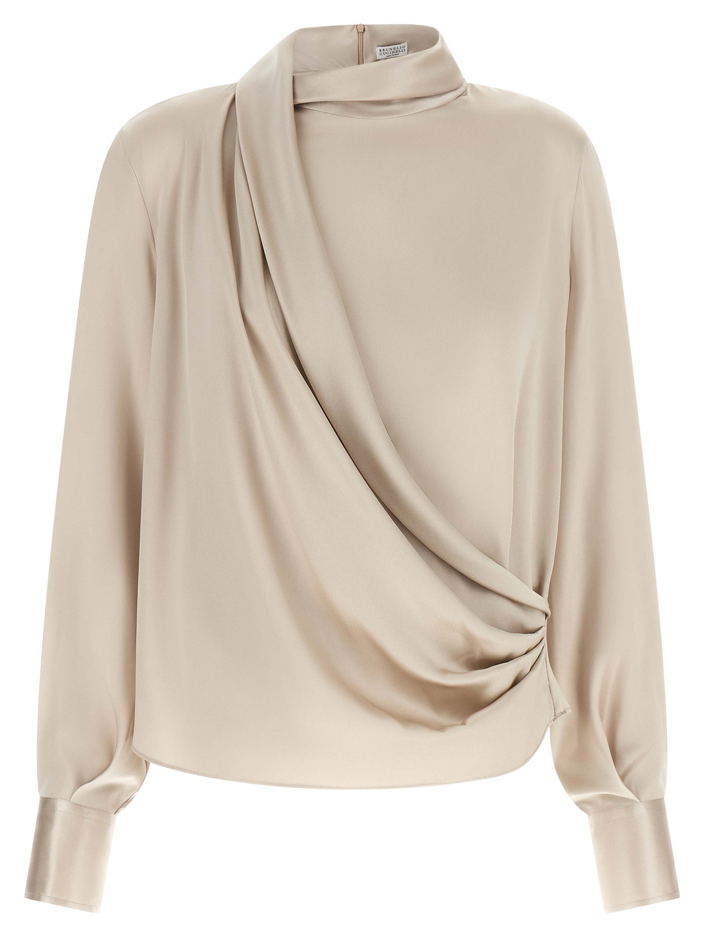 Brunello Cucinelli Women's Long-Sleeve Silk Satin Blouse - Beige Natural