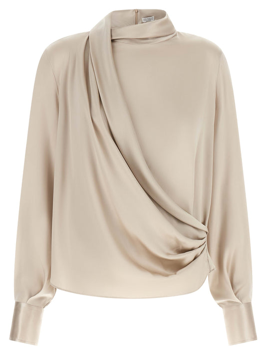 Brunello Cucinelli Women's Long-Sleeve Silk Satin Blouse - Beige Natural