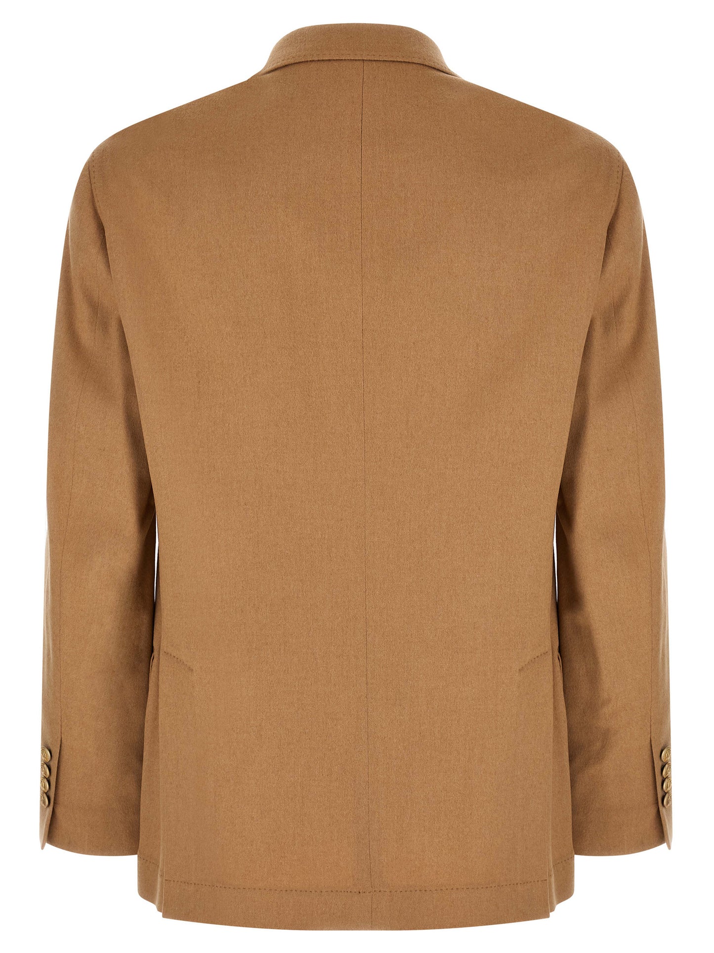 Blazer by Brunello Cucinelli for men in metal beige, camel & gold showcases a polished silhouette, highlighted by a refined split neckline and polished for a sophisticated finish.