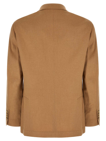 Blazer by Brunello Cucinelli for men in metal beige, camel & gold showcases a polished silhouette, highlighted by a refined split neckline and polished for a sophisticated finish.