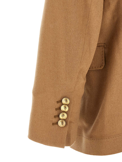 Blazer by Brunello Cucinelli for men in metal beige, camel & gold features an sartorial silhouette, showcasing a sophisticated and sartorial for a truly sartorial finish.