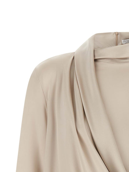 Brunello Cucinelli Women's Long-Sleeve Silk Satin Blouse - Beige Natural