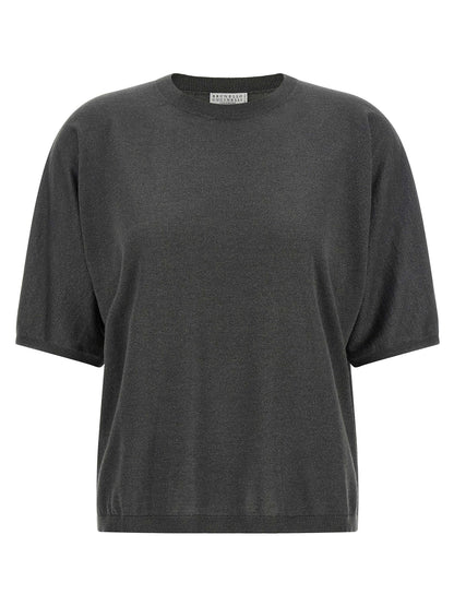 Cardigan by Brunello Cucinelli for women in cashmere silk dark-gray & gray showcases a captivating silhouette, artfully detailed with a captivating short-sleeve and crew neckline for a truly sophisticated captivating look.