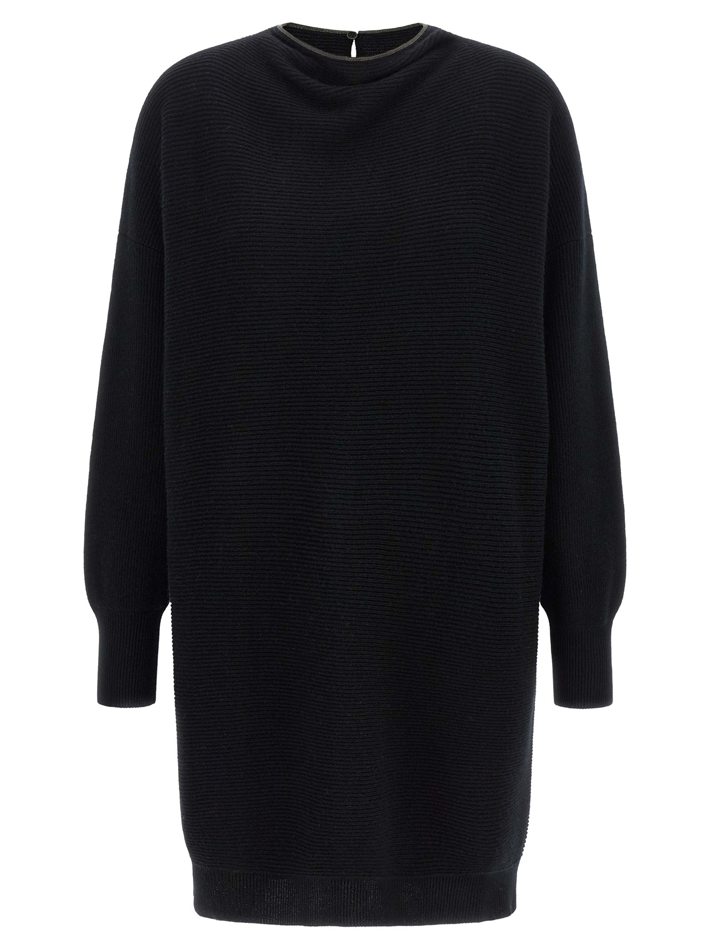 Dress by Brunello Cucinelli for women in silk cashmere virgin wool black features an eye catching silhouette with a sophisticated crew neckline, elegant long-sleeve, and a refined short mini for a eye catching aesthetic.