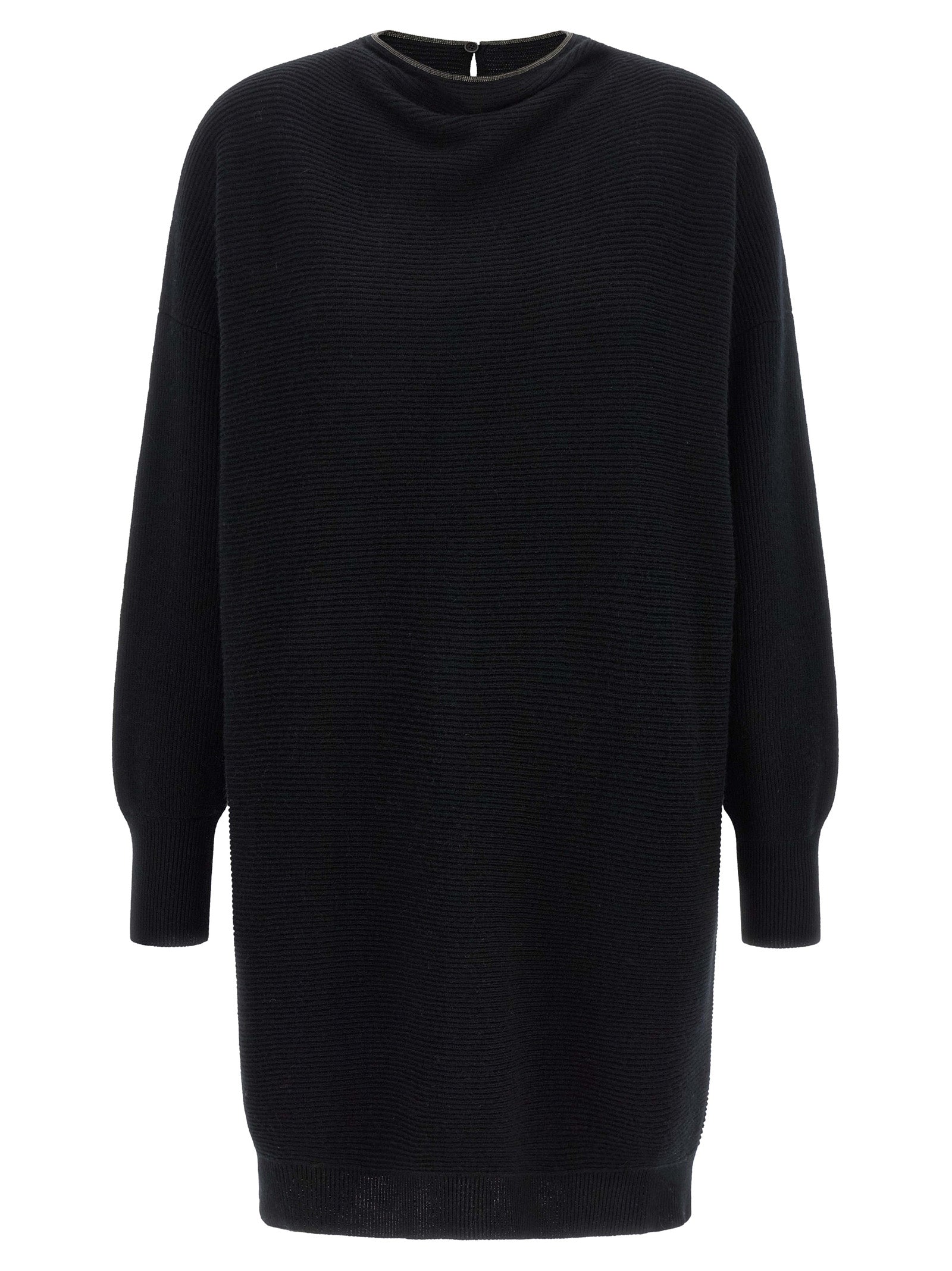 Dress by Brunello Cucinelli for women in silk cashmere virgin wool black features an eye catching silhouette with a sophisticated crew neckline, elegant long-sleeve, and a refined short mini for a eye catching aesthetic.