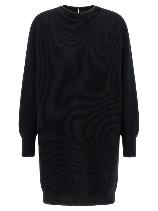 Dress by Brunello Cucinelli for women in silk cashmere virgin wool black features an eye catching silhouette with a sophisticated crew neckline, elegant long-sleeve, and a refined short mini for a eye catching aesthetic.