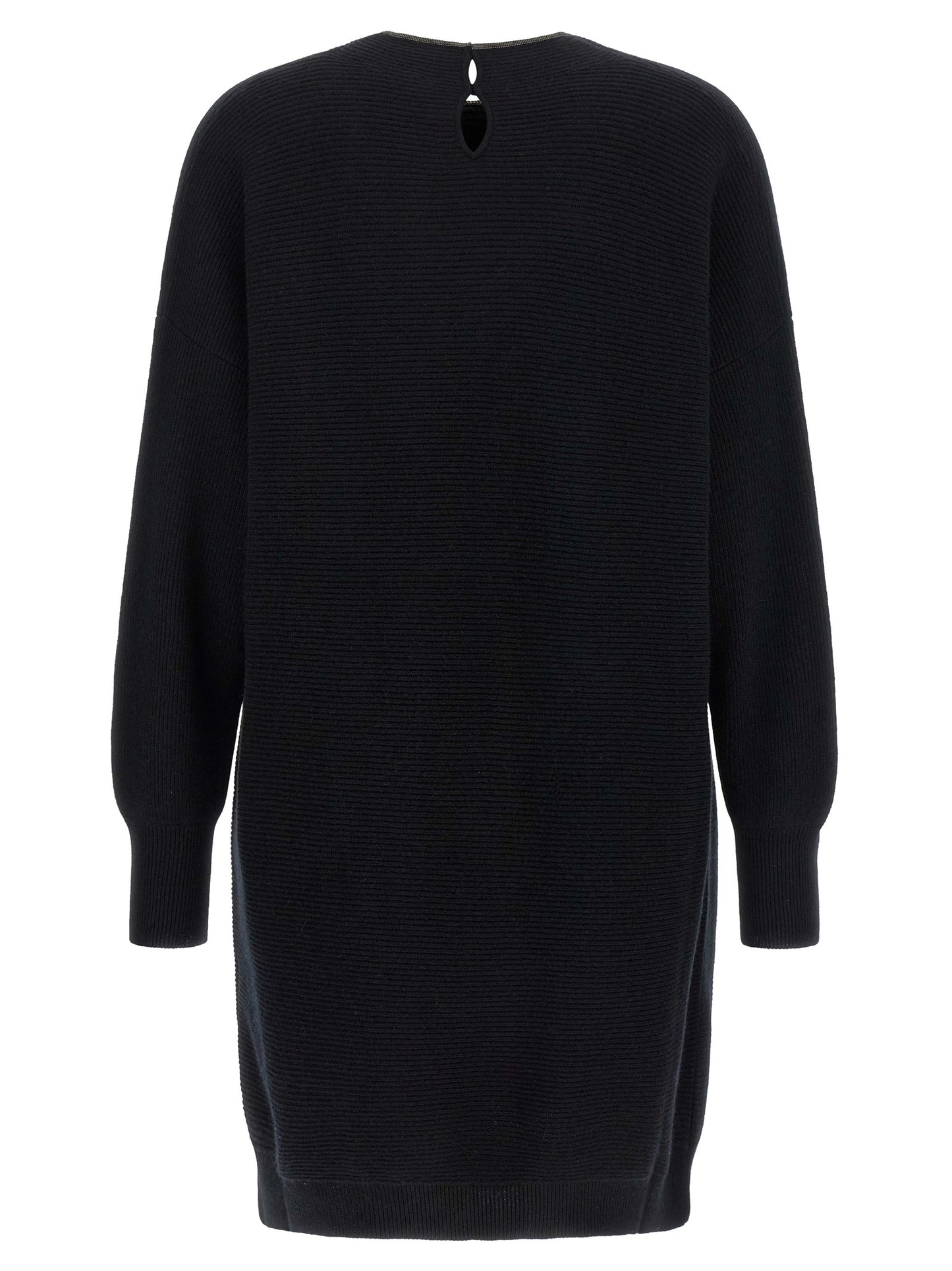 Dress by Brunello Cucinelli for women in silk cashmere virgin wool black features an sultry silhouette defined by a crew neckline and , falling to an sultry short mini for a sultry look.