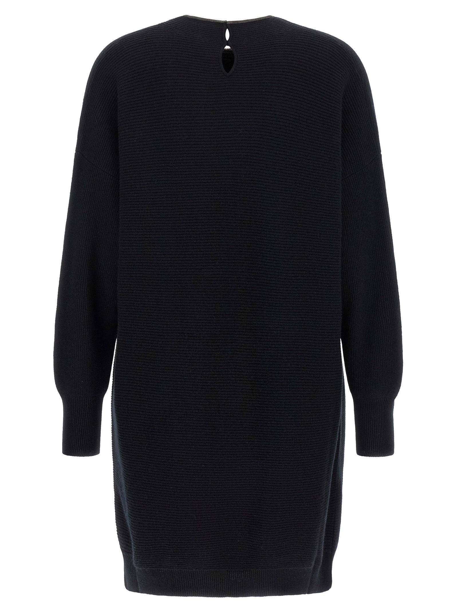 Dress by Brunello Cucinelli for women in silk cashmere virgin wool black features an sultry silhouette defined by a crew neckline and , falling to an sultry short mini for a sultry look.