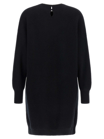 Dress by Brunello Cucinelli for women in silk cashmere virgin wool black features an sultry silhouette defined by a crew neckline and , falling to an sultry short mini for a sultry look.