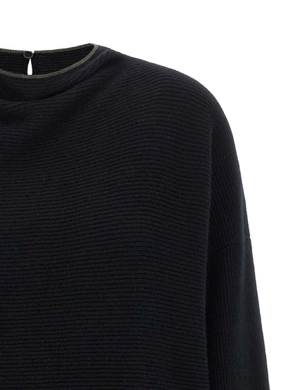 Dress by Brunello Cucinelli for women in silk cashmere virgin wool black showcases a striking silhouette, elegantly detailed with a , refined crew neckline, and a striking short mini for a striking finish.