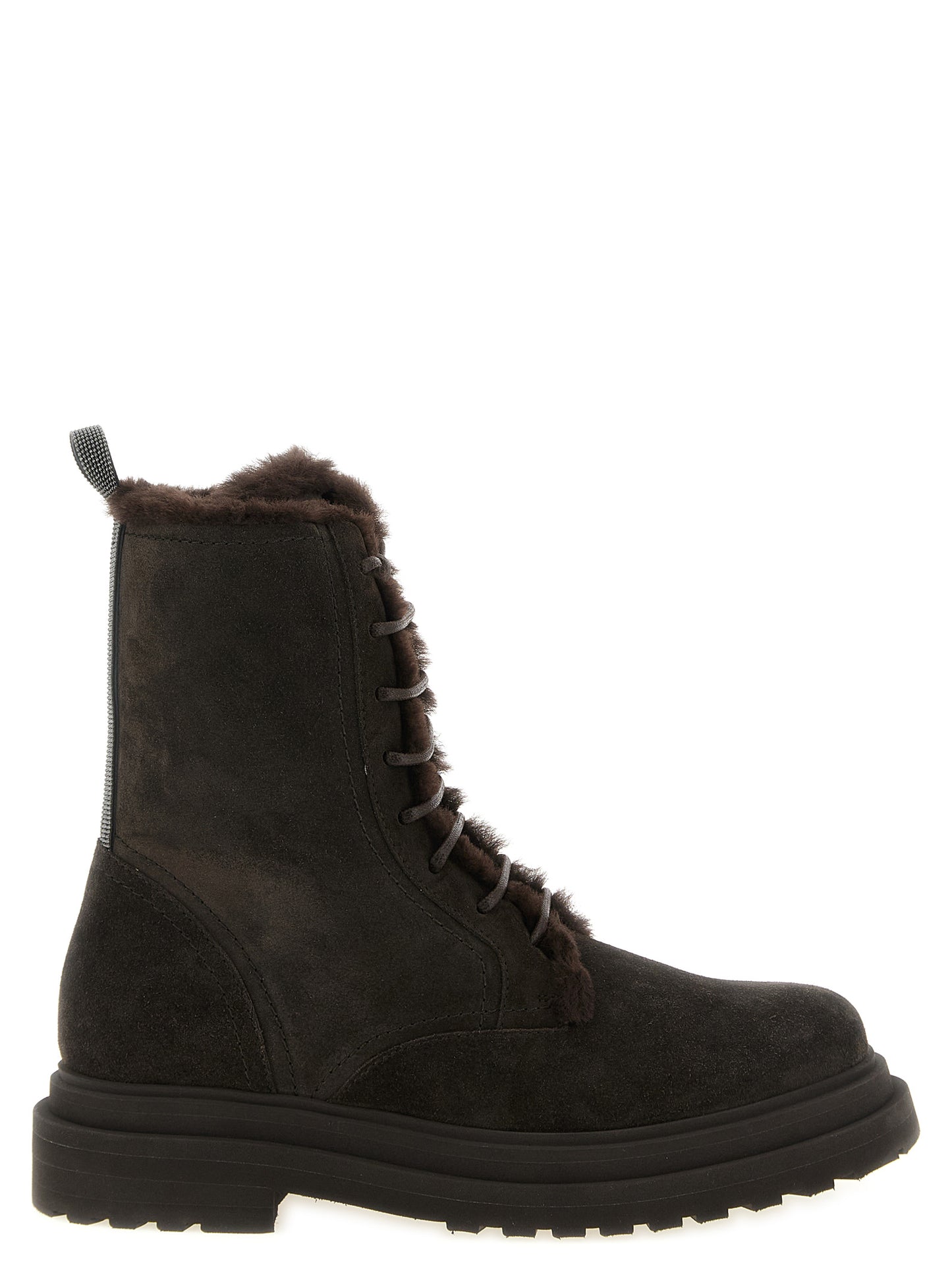 Lace-Up Ankle Boots by Brunello Cucinelli for women in suede calfskin leather brown & signature features an avant-garde Monile Women's Suede Calfskin Leather Lace-Up Ankle Boots silhouette, defined by a sophisticated and a avant-garde round toe style.