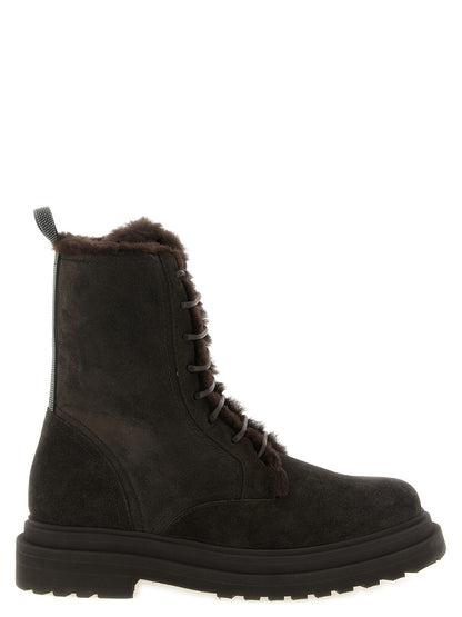 Lace-Up Ankle Boots by Brunello Cucinelli for women in suede calfskin leather brown & signature features an avant-garde Monile Women's Suede Calfskin Leather Lace-Up Ankle Boots silhouette, defined by a sophisticated and a avant-garde round toe style.