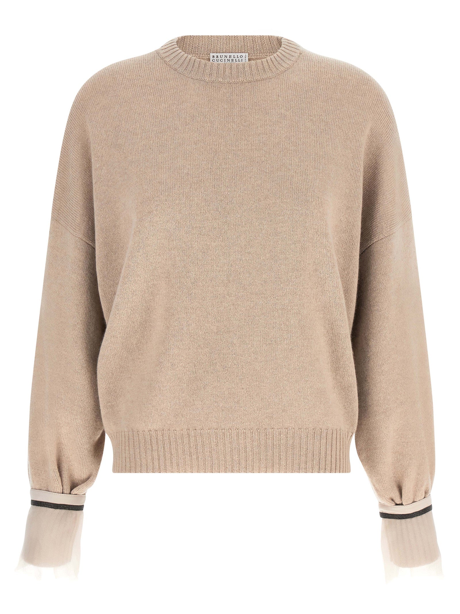 Cardigan by Brunello Cucinelli for women in cashmere & silk beige & signature presents a textural silhouette, artfully finished with a textural crew neckline and long-sleeve for a sophisticated, textural look.