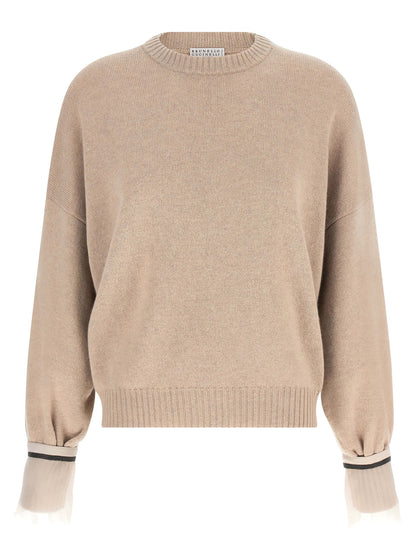 Cardigan by Brunello Cucinelli for women in cashmere & silk beige & signature presents a textural silhouette, artfully finished with a textural crew neckline and long-sleeve for a sophisticated, textural look.