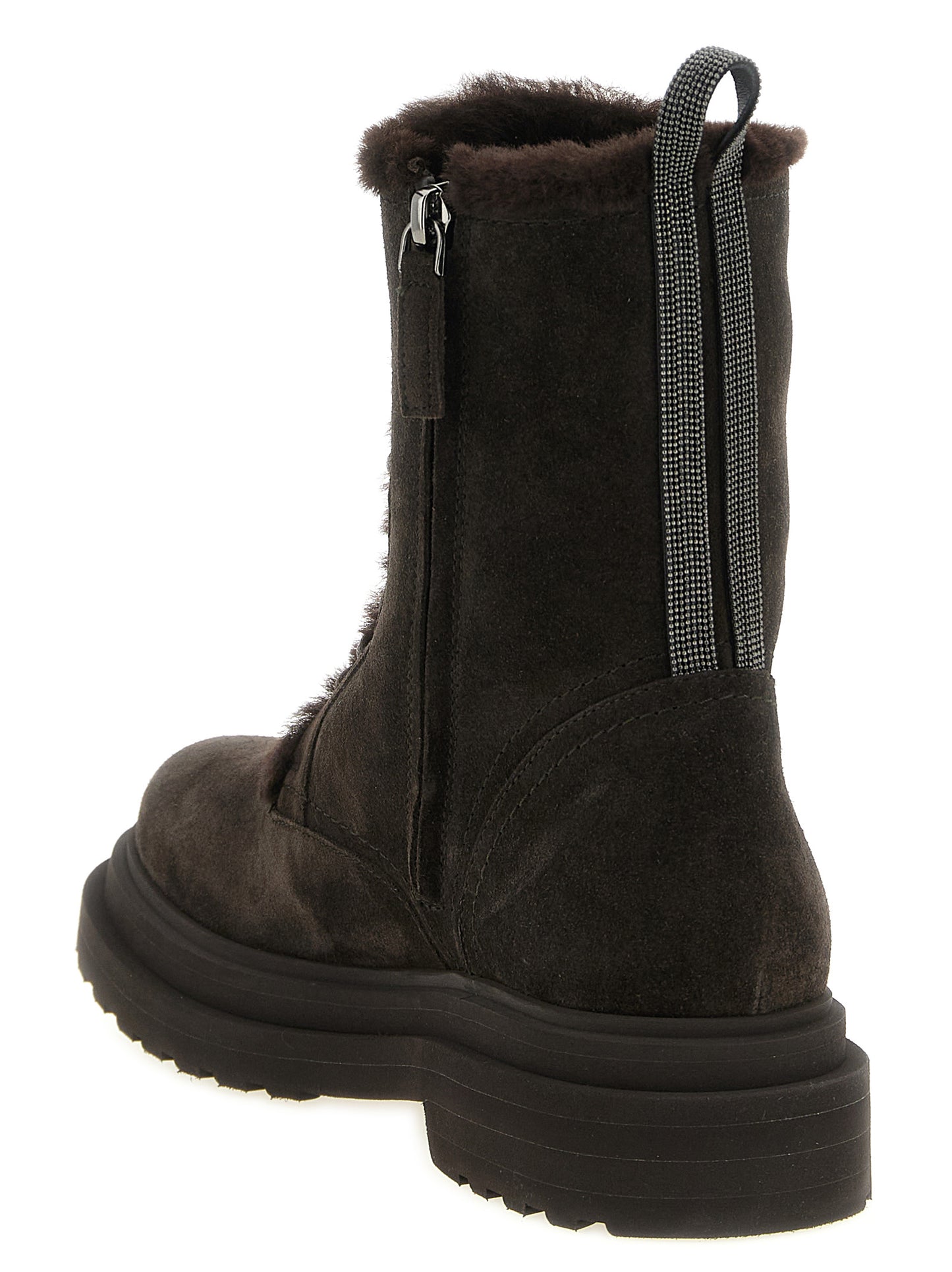 Lace-Up Ankle Boots by Brunello Cucinelli for women in suede calfskin leather brown & signature showcases a ergonomic silhouette from the Monile Women's Suede Calfskin Leather Lace-Up Ankle Boots collection, featuring a ergonomic and a ergonomic round toe style.