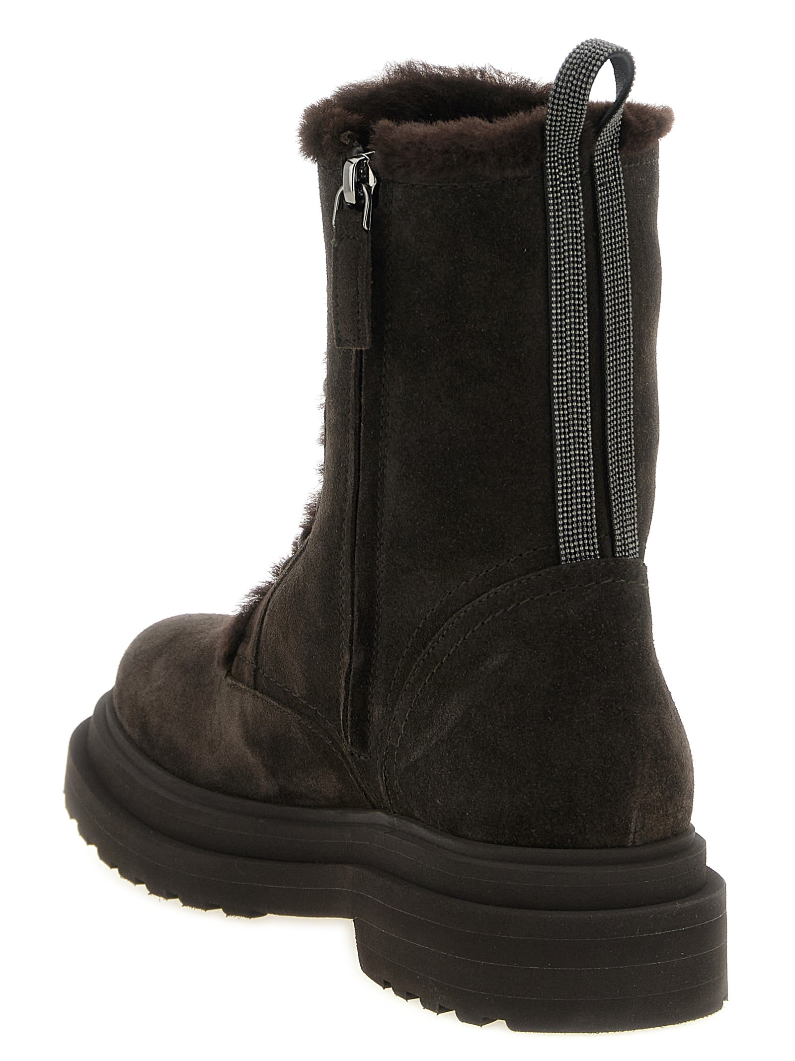 Lace-Up Ankle Boots by Brunello Cucinelli for women in suede calfskin leather brown & signature showcases a ergonomic silhouette from the Monile Women's Suede Calfskin Leather Lace-Up Ankle Boots collection, featuring a ergonomic and a ergonomic round toe style.