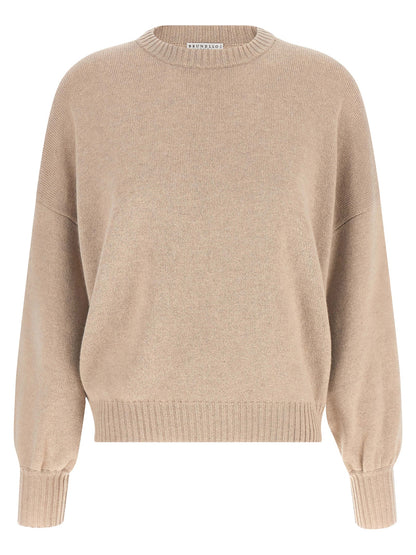 Cardigan by Brunello Cucinelli for women in cashmere & silk beige & signature features a nuanced silhouette with a refined crew neckline and nuanced detailing for a sophisticated look.